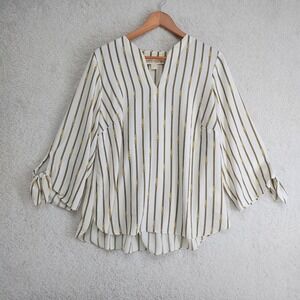 Michael Kors Blouse Womens 1X Ivory Chain Print V Neck Tie Sleeve Tunic Top